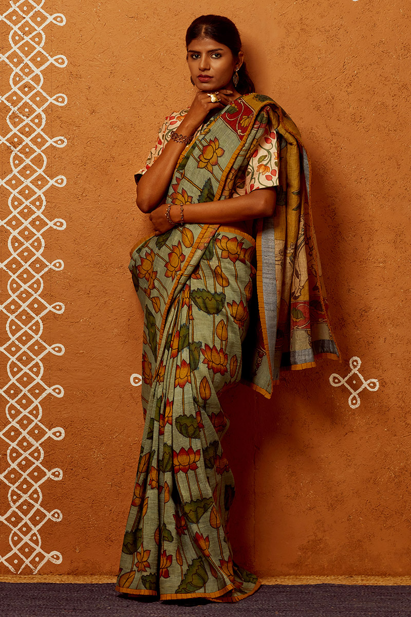 linen saree with kalamkari blouse
