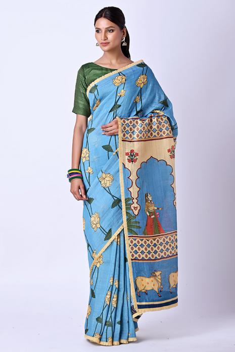 Handwoven Tussar Linen Pichwai Saree  