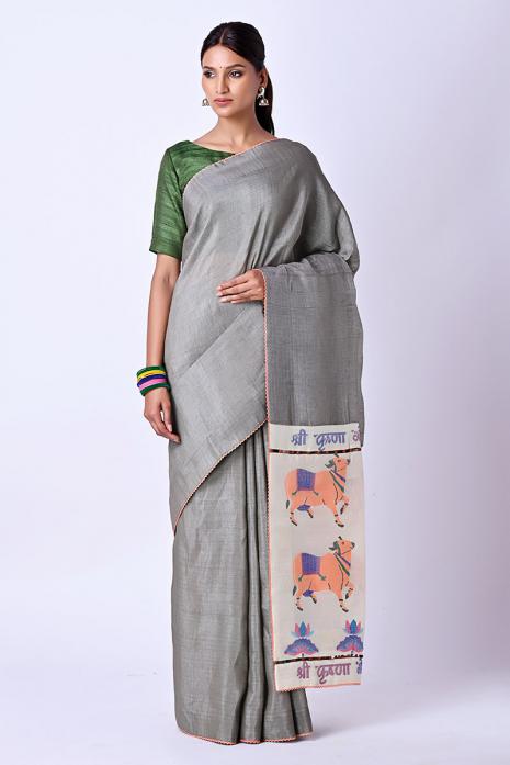 Handwoven Tussar Linen Jamdaani Pichwai Saree