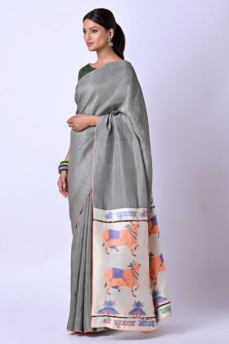 Handwoven Tussar Linen Jamdaani Pichwai Saree