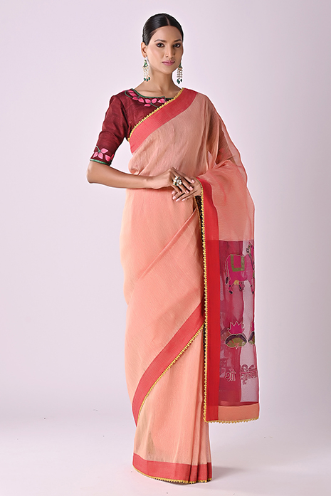 Pichwai Jamdaani Tussar Linen Saree
