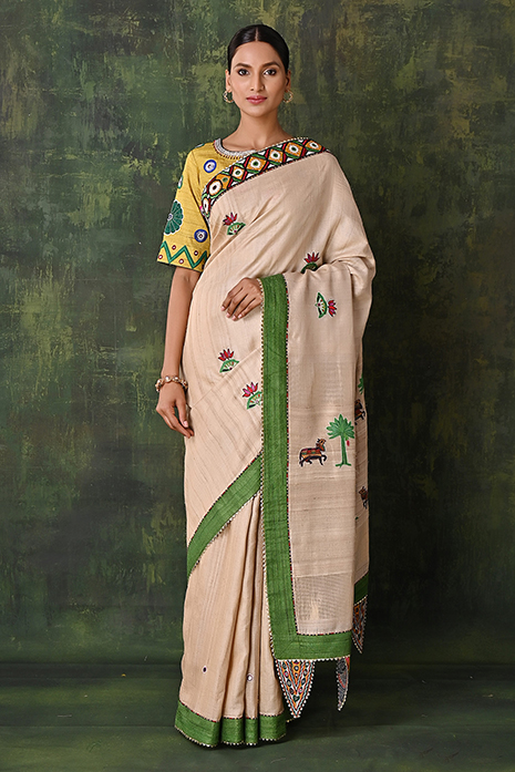 Tussar Ahir Embroidered Pichwai Saree