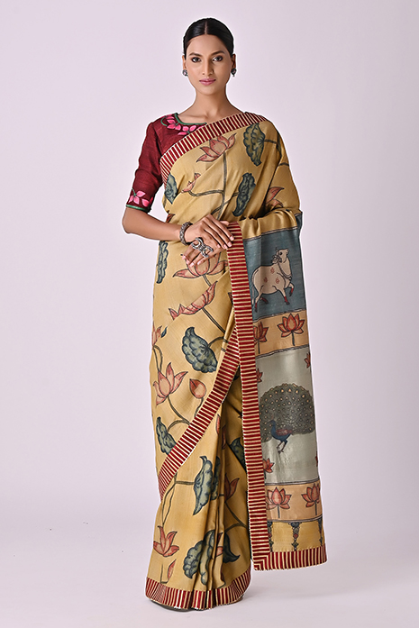 Handwoven Tussar Kalamkari Pichwai Saree