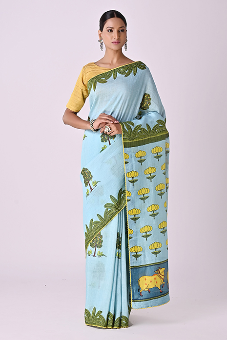 Handwoven Tussar Linen Pichwai Saree  