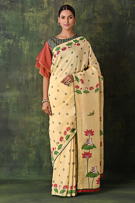 Handwoven Tussar Linen Pichwai Saree  