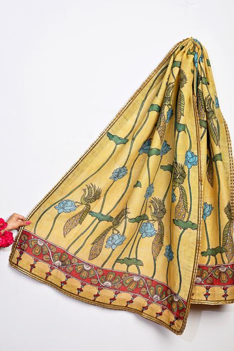 Tussar Linen lemon coloured kalamkari dupatta with intricate hand-painted Pichwai art designs and vibrant colors.