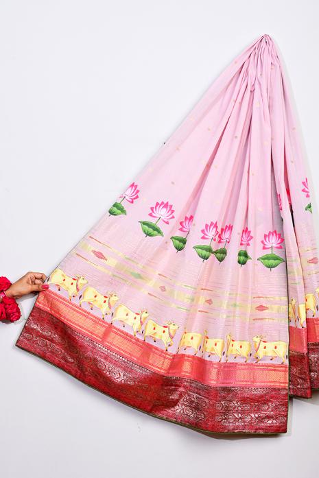 A vibrant Paithani dupatta in pink colour featuring intricate Pichwai art, created in cotton fabric