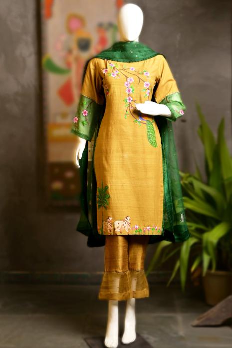  Mustard & Green Colour Tunic Hand Painted Suit made of Khadi Cotton and Raw Silk with Organza Dupatta