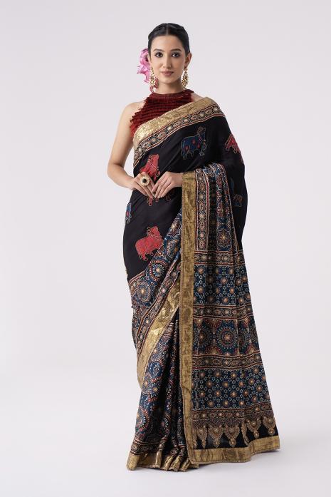  Hand Embroidered Pichwai Ajrakh Saree
