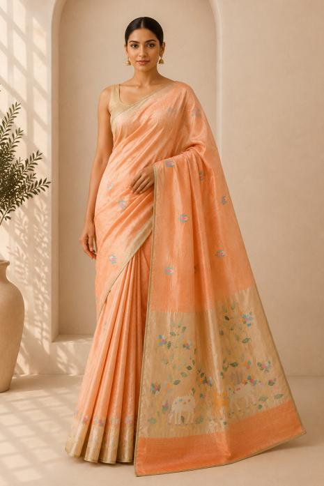Peach Pichwai Jamdani Handwoven Saree