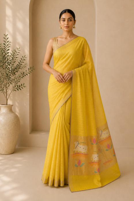 Bright Yellow Pichwai Jamdani Handwoven Saree