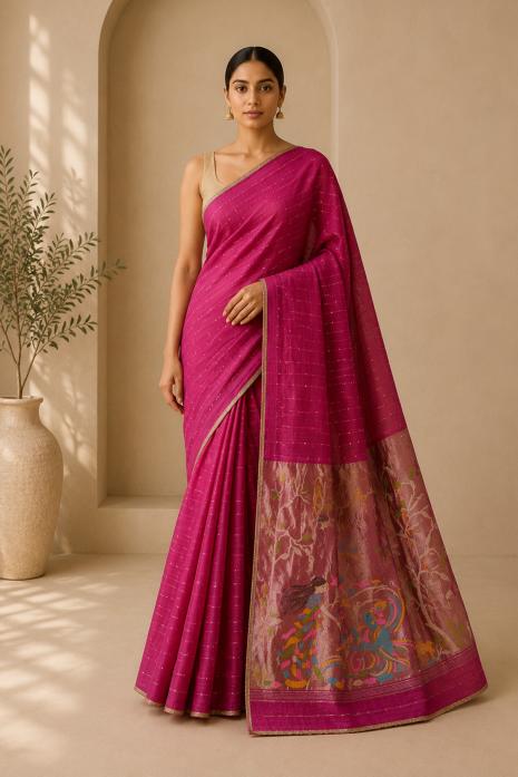 Dark Pink Pichwai Jamdani Handwoven Saree