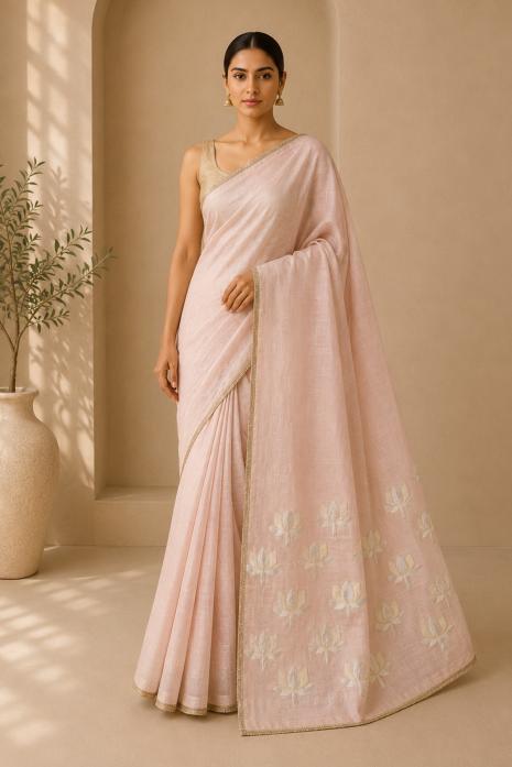Blush Pink Pichwai Jamdani Handwoven Saree
