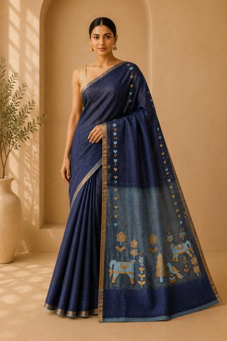 Navy Blue Jamdani Handwoven Saree