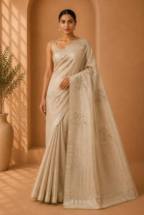 Beige Pichwai Handwoven Organza Saree