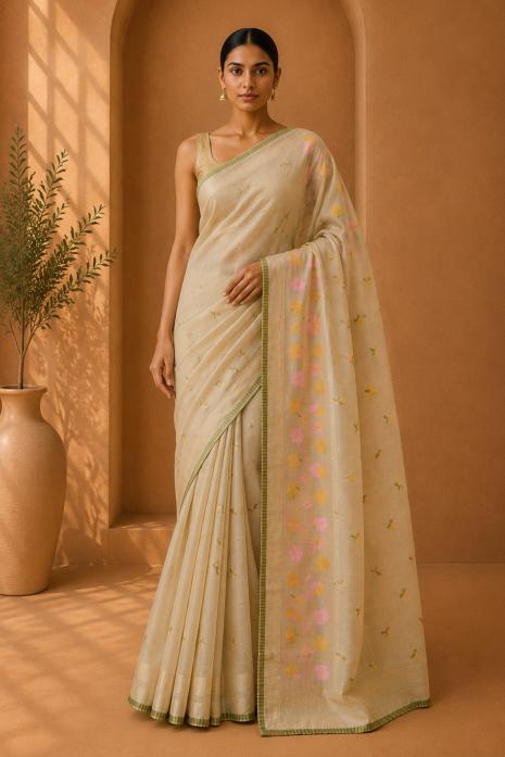 Cream Jamdani Handwoven Saree
