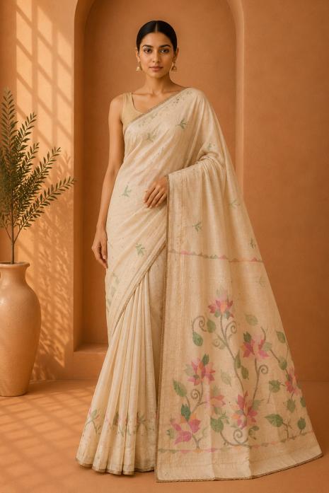 Beige Jamdani Handwoven Saree