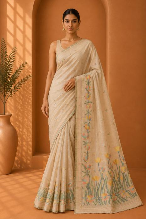 Beige Jamdani Handwoven Saree