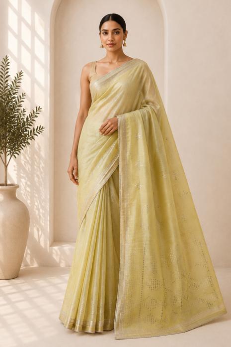 Yellow Handwoven Organza Saree