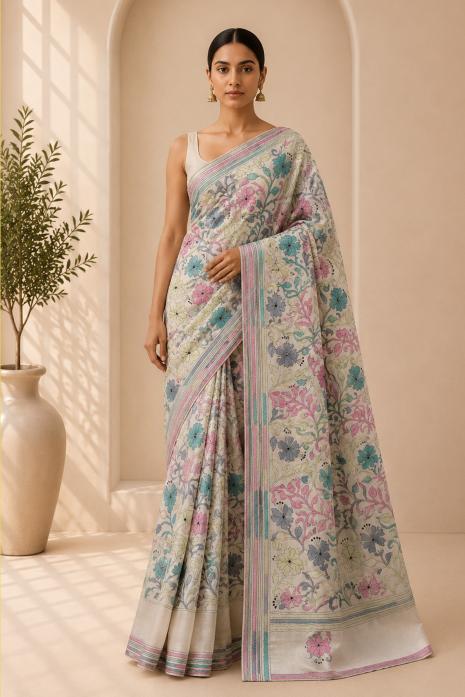 Off White Kantha Tussar Saree