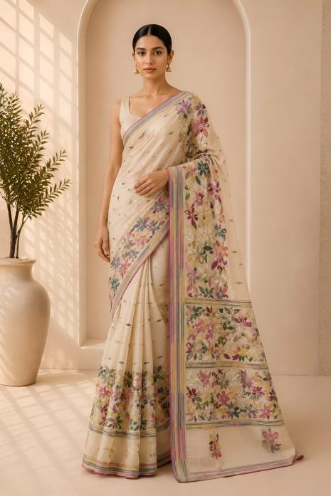 Light Beige Kantha Tussar Saree