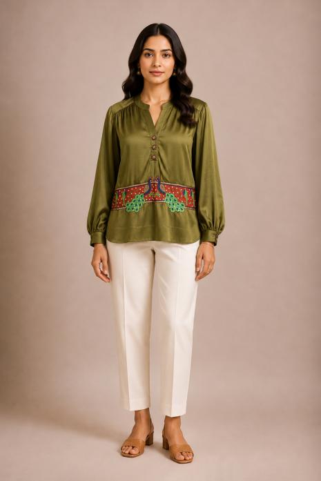 Olive Green Pichwai Hand Embroidered Top
