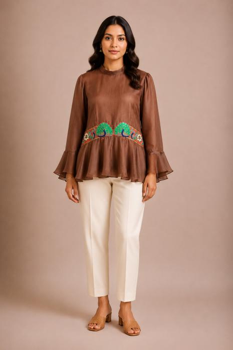 Brown Pichwai Hand Embroidered Peplum Top