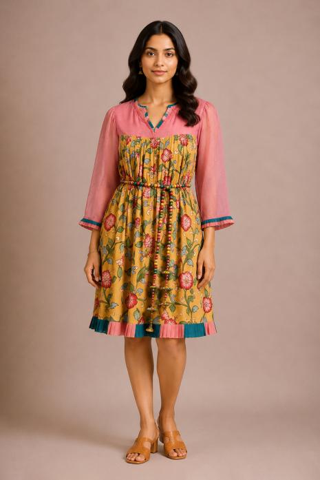 Pink & Yellow Pichwai Kalamkari Dress