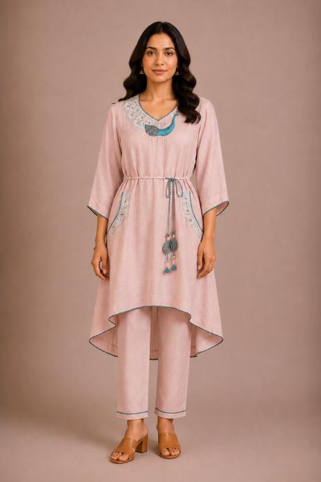 Light Pink Hand Painted Pichwai Linen Suit Set