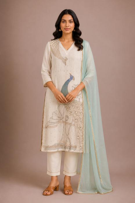White Pichwai Hand Painted Suit Set