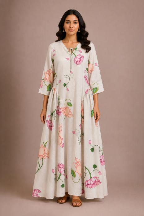 White Pichwai Linen Viscose Dress
