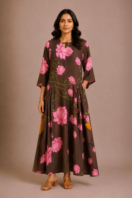 Brown Pichwai Linen Viscose Dress
