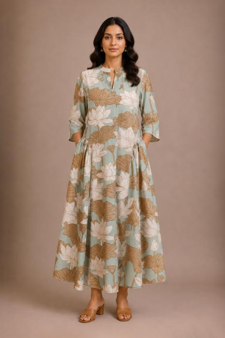 Sea Green Pichwai Linen Viscose Dress