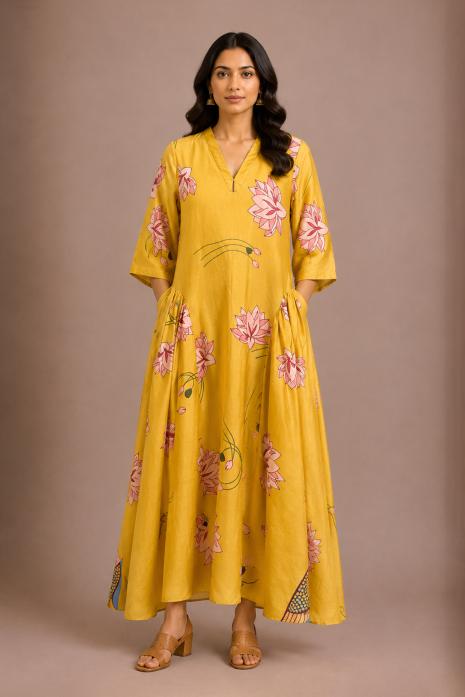 Yellow Pichwai Linen Viscose Dress