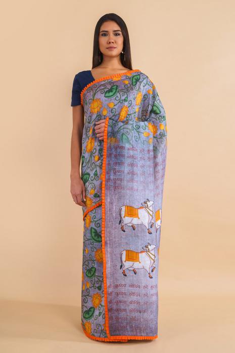 Handwoven Tussar Linen Pichwai Saree