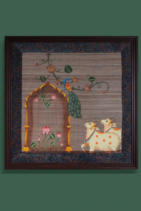 Multi Colour Traditional Handpainted Pichwai Art Wall Painting with Ajrakh Mashroo border