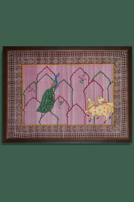 Multi Colour Traditional Handpainted Pichwai Art Wall Painting on Raw Silk