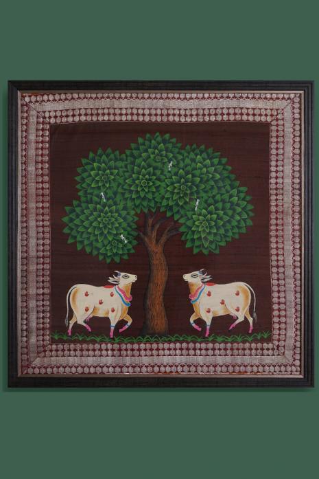 Multi Colour Traditional Handpainted Pichwai Art Wall Painting on Raw Silk