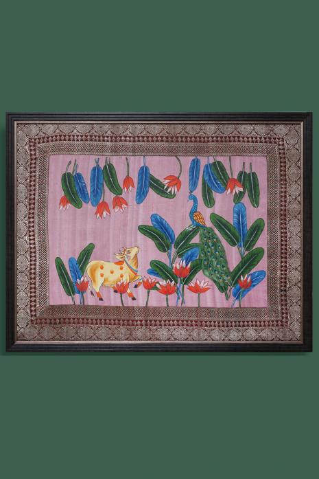 Multi Colour Traditional Handpainted Pichwai Art Wall Painting on Raw Silk